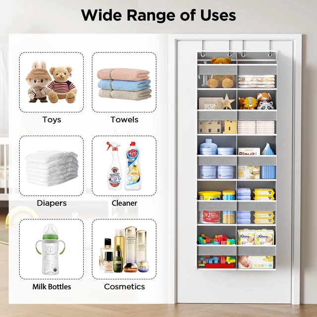 Alt view image 3 of 7 - PureSpace 5-Tier Over the Door Organizer, 10 Side Mesh Pockets & Clear Windows, 80LBS Heavy Duty Hanging Storage for Baby Diapers, Shoes, Toys Ideal for Nursery, Bathroom, Bedroom, Pantry (Grey)