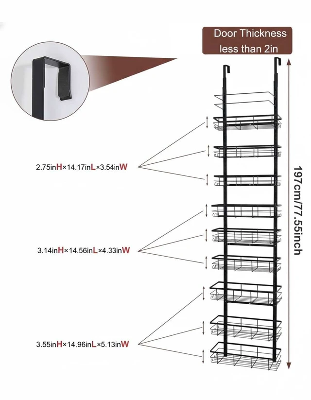 Alt view image 5 of 7 - Pantry Door Organizer, 9-Tier Over The Door Pantry Organizer for Kitchen Pantry Storage, Adjustable Metal Hanging Spice Rack with 9 Baskets for Pantry Kitchen Bathroom Laundry Room Closet, Black