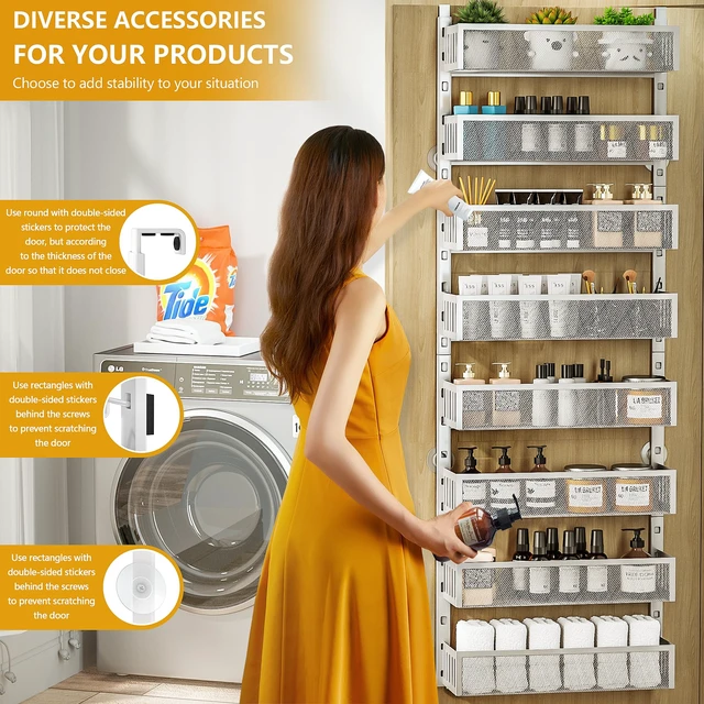Alt view image 4 of 7 - 8-Tier Over The Door Pantry Organizer with Mesh Baskets, Adjustable & Stable Hanging Spice Rack for Kitchen, Bathroom, Bedroom, and Baby Essentials Storage (16" W 8-Tiers, White)