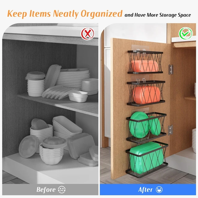 Alt view image 3 of 7 - BasicForm 4 Pack Metal Kitchen Inside Cabinet Door Organizer, Adhesive Lid Organizers Cabinet Door Storage for Tupperware Lid, Storage Holder Basket for Kitchen Wall Mounted (Black)