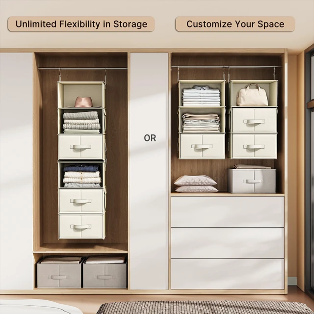 Alt view image 3 of 7 - 6-Shelf Hanging Closet Organizer with 3 Drawers, 2-in-1 Design, Beige