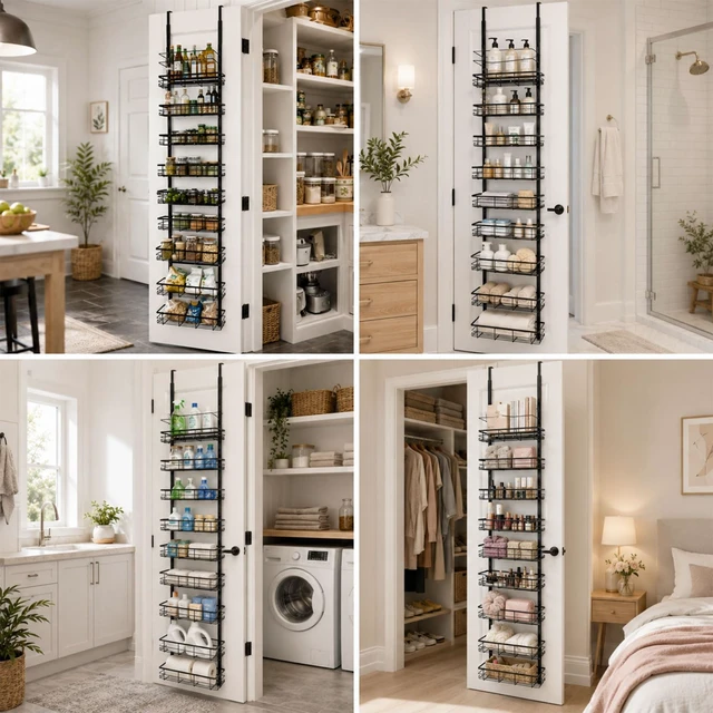 Alt view image 7 of 7 - Pantry Door Organizer, 9-Tier Over The Door Pantry Organizer for Kitchen Pantry Storage, Adjustable Metal Hanging Spice Rack with 9 Baskets for Pantry Kitchen Bathroom Laundry Room Closet, Black