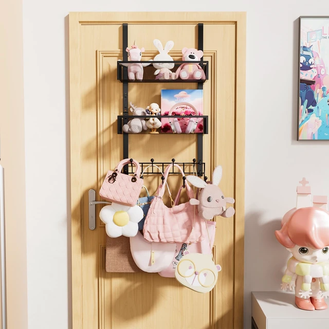 Alt view image 5 of 7 - Consumest Over The Door Hooks Organizer - 3 Tier Door Hanger with 9 Coat Hooks & 2 Mesh Basket, Back Storage Organizer Hanging Towels for Bathroom, Bedroom, Black