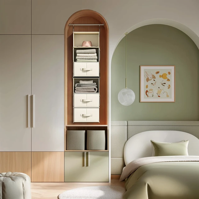 Alt view image 4 of 7 - 6-Shelf Hanging Closet Organizer with 3 Drawers, 2-in-1 Design, Beige