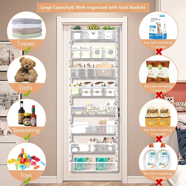 Alt view image 6 of 7 - 8-Tier Over The Door Pantry Organizer with Mesh Baskets, Adjustable & Stable Hanging Spice Rack for Kitchen, Bathroom, Bedroom, and Baby Essentials Storage (16" W 8-Tiers, White)