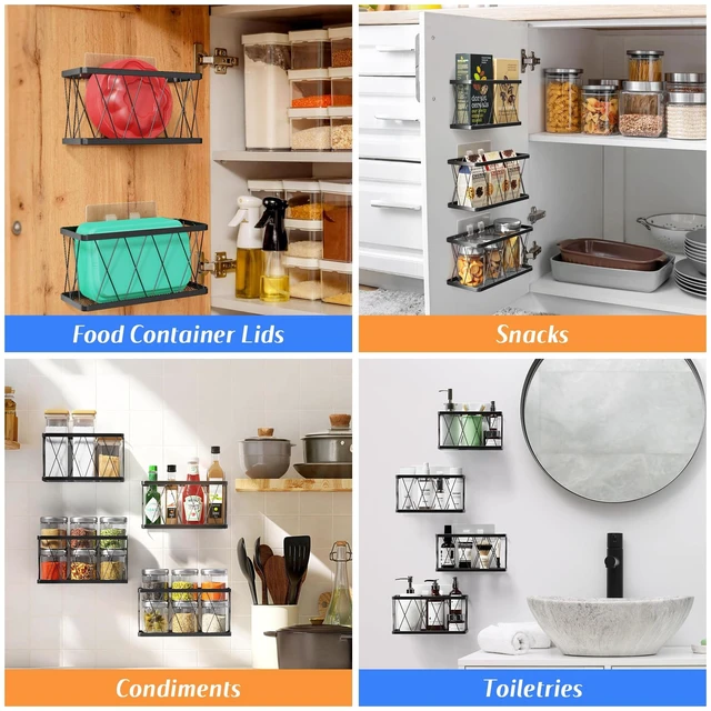 Alt view image 5 of 7 - BasicForm 4 Pack Metal Kitchen Inside Cabinet Door Organizer, Adhesive Lid Organizers Cabinet Door Storage for Tupperware Lid, Storage Holder Basket for Kitchen Wall Mounted (Black)