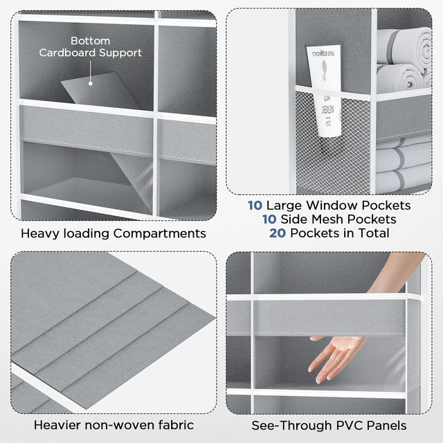 Alt view image 6 of 7 - PureSpace 5-Tier Over the Door Organizer, 10 Side Mesh Pockets & Clear Windows, 80LBS Heavy Duty Hanging Storage for Baby Diapers, Shoes, Toys Ideal for Nursery, Bathroom, Bedroom, Pantry (Grey)