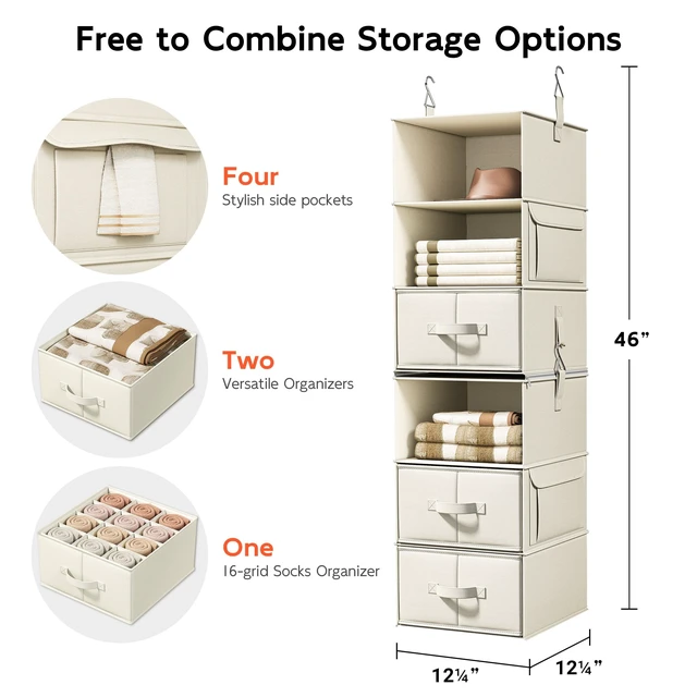 Alt view image 5 of 7 - 6-Shelf Hanging Closet Organizer with 3 Drawers, 2-in-1 Design, Beige