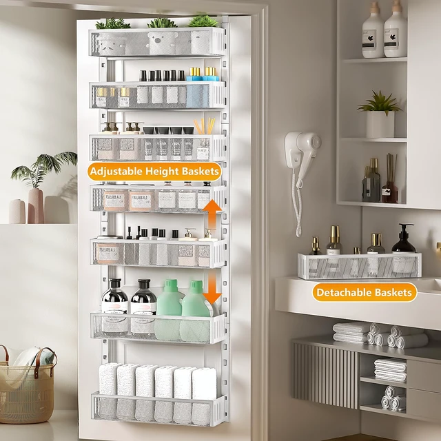 Alt view image 7 of 7 - 8-Tier Over The Door Pantry Organizer with Mesh Baskets, Adjustable & Stable Hanging Spice Rack for Kitchen, Bathroom, Bedroom, and Baby Essentials Storage (16" W 8-Tiers, White)