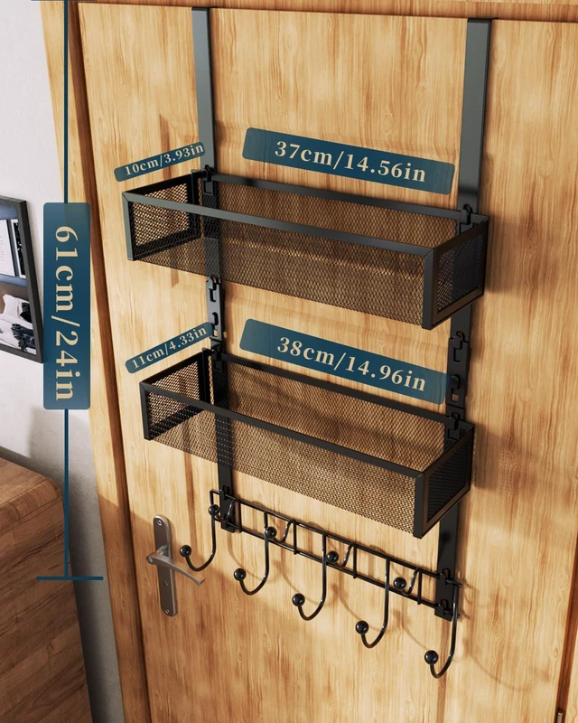 Alt view image 7 of 7 - Consumest Over The Door Hooks Organizer - 3 Tier Door Hanger with 9 Coat Hooks & 2 Mesh Basket, Back Storage Organizer Hanging Towels for Bathroom, Bedroom, Black