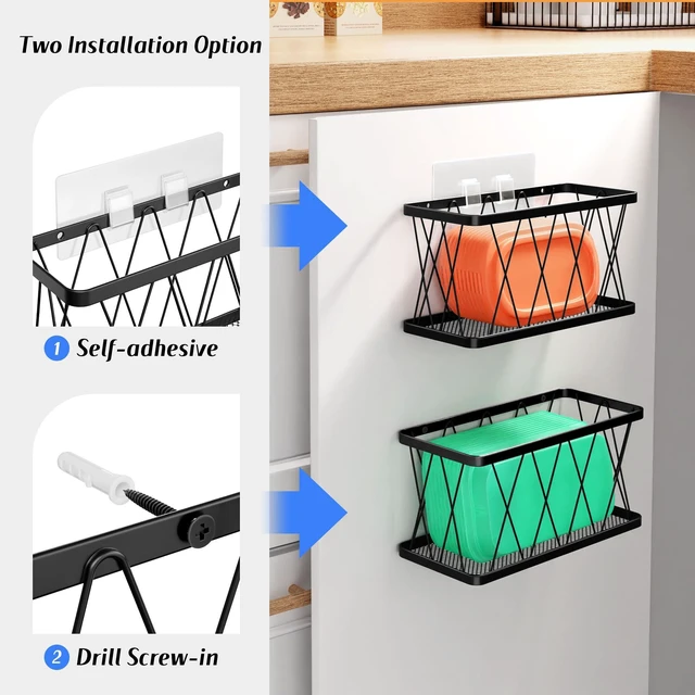Alt view image 6 of 7 - BasicForm 4 Pack Metal Kitchen Inside Cabinet Door Organizer, Adhesive Lid Organizers Cabinet Door Storage for Tupperware Lid, Storage Holder Basket for Kitchen Wall Mounted (Black)