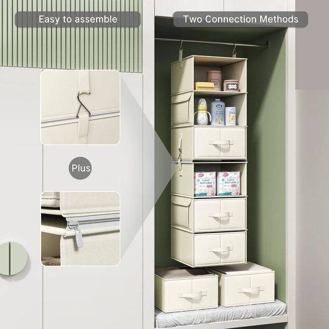 Alt view image 6 of 7 - 6-Shelf Hanging Closet Organizer with 3 Drawers, 2-in-1 Design, Beige
