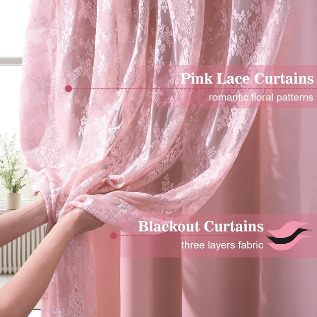 Alt view image 2 of 7 - Yinhua Pink Kitchen Curtains 36 Inch Length Double Layer Blackout Curtains for Kitchen Rod Pocket Short Curtain for Windows, Small Window Curtain for Bathroom, Living Room, 2 Panels