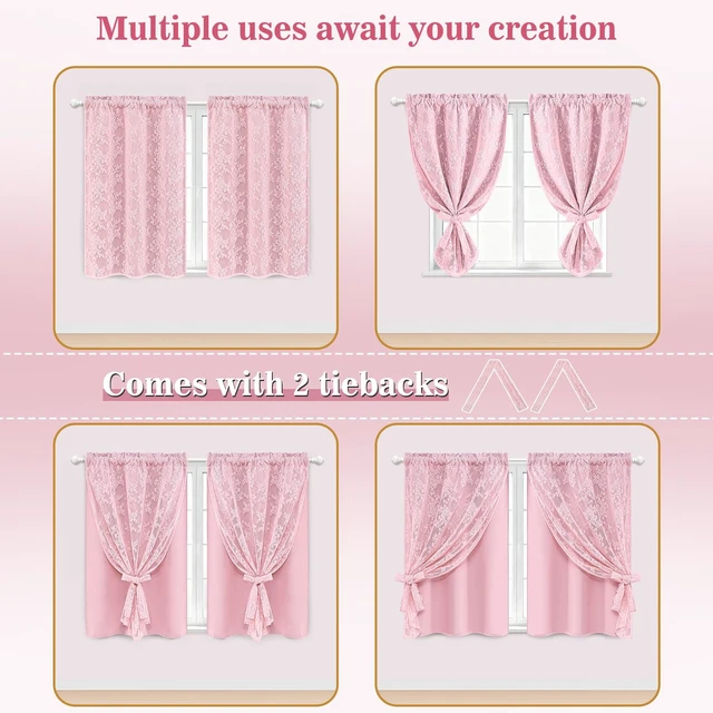Alt view image 5 of 7 - Yinhua Pink Kitchen Curtains 36 Inch Length Double Layer Blackout Curtains for Kitchen Rod Pocket Short Curtain for Windows, Small Window Curtain for Bathroom, Living Room, 2 Panels