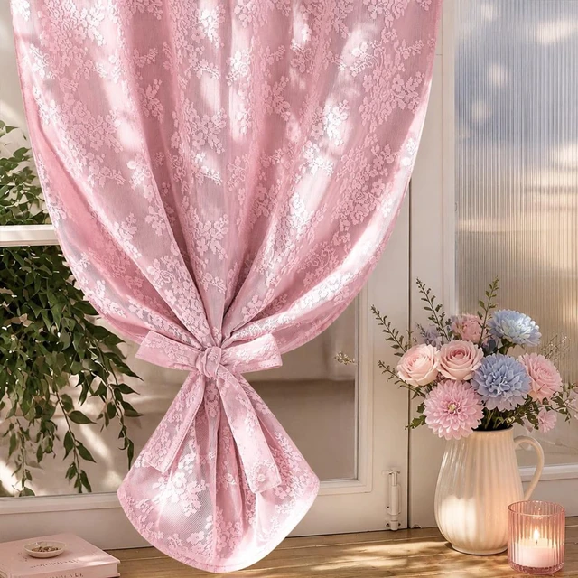 Alt view image 7 of 7 - Yinhua Pink Kitchen Curtains 36 Inch Length Double Layer Blackout Curtains for Kitchen Rod Pocket Short Curtain for Windows, Small Window Curtain for Bathroom, Living Room, 2 Panels