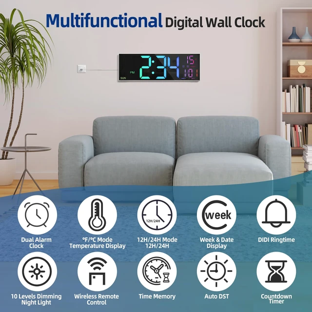 Alt view image 2 of 7 - LEIKE 16.2" Digital Wall Clock RGB, Remote, Dual Alarm, Auto-Brightness