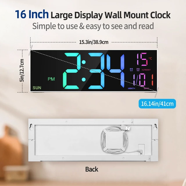 Alt view image 3 of 7 - LEIKE 16.2" Digital Wall Clock RGB, Remote, Dual Alarm, Auto-Brightness