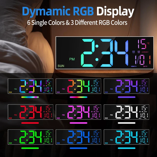 Alt view image 4 of 7 - LEIKE 16.2" Digital Wall Clock RGB, Remote, Dual Alarm, Auto-Brightness