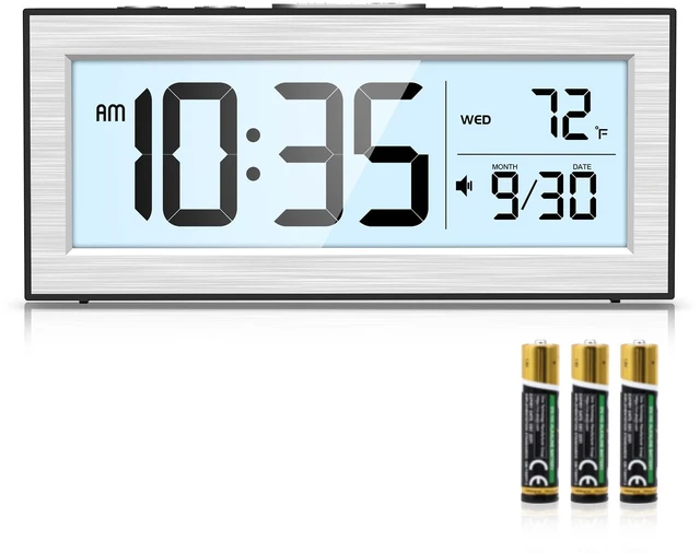 Main image of Bomivoi Battery Powered Digital Clock, LCD Desk Clock with Date & Temp Display, 5 Alarm Modes, Snooze, 12/24 H, Auto Dimming On-Demand 5s Backlight, Small Alarm Clocks for Bedroom Office Travel Silver
