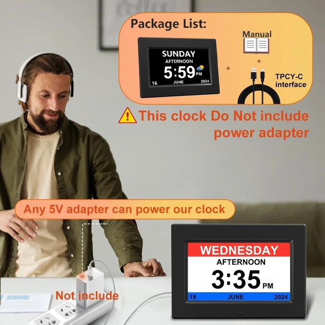 Alt view image 2 of 6 - AINFTIME DST Digital Clock with Date and Day of Week for Elderly-12 Alarms Medication Reminder Dementia Alzheimers Clock Calendar with Extra Large Display (7 inch Black)