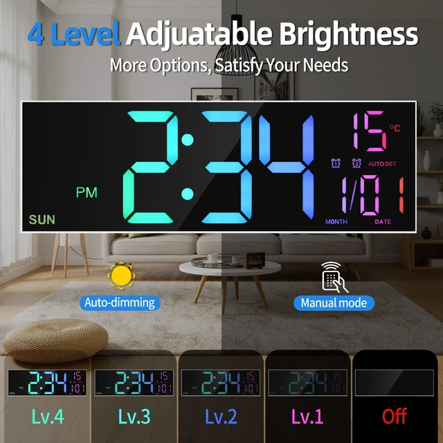 Alt view image 5 of 7 - LEIKE 16.2" Digital Wall Clock RGB, Remote, Dual Alarm, Auto-Brightness