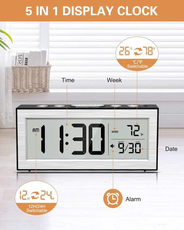 Alt view image 2 of 7 - Bomivoi Battery Powered Digital Clock, LCD Desk Clock with Date & Temp Display, 5 Alarm Modes, Snooze, 12/24 H, Auto Dimming On-Demand 5s Backlight, Small Alarm Clocks for Bedroom Office Travel Silver