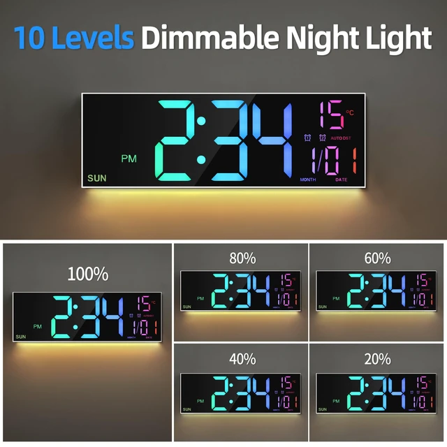 Alt view image 6 of 7 - LEIKE 16.2" Digital Wall Clock RGB, Remote, Dual Alarm, Auto-Brightness