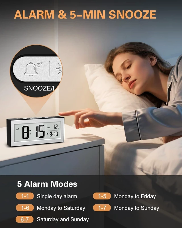 Alt view image 4 of 7 - Bomivoi Battery Powered Digital Clock, LCD Desk Clock with Date & Temp Display, 5 Alarm Modes, Snooze, 12/24 H, Auto Dimming On-Demand 5s Backlight, Small Alarm Clocks for Bedroom Office Travel Silver