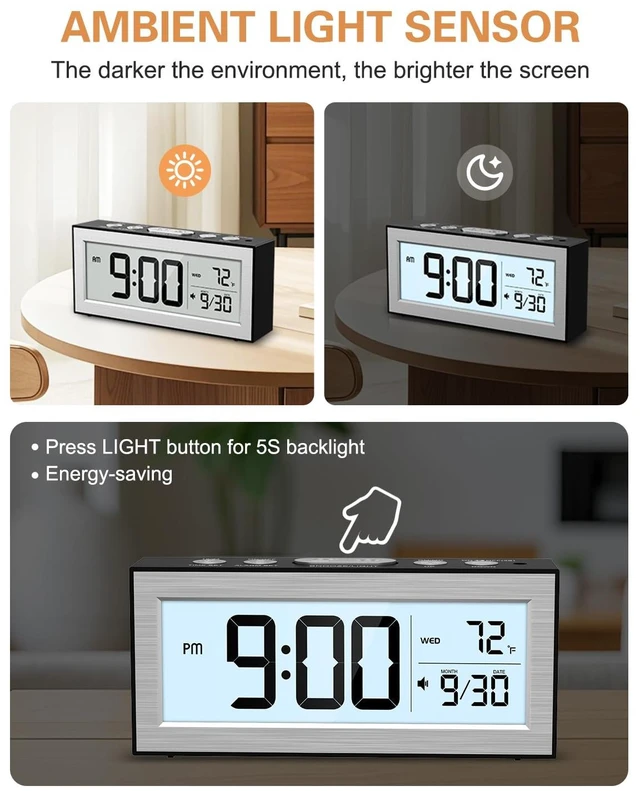 Alt view image 5 of 7 - Bomivoi Battery Powered Digital Clock, LCD Desk Clock with Date & Temp Display, 5 Alarm Modes, Snooze, 12/24 H, Auto Dimming On-Demand 5s Backlight, Small Alarm Clocks for Bedroom Office Travel Silver