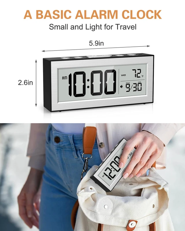 Alt view image 6 of 7 - Bomivoi Battery Powered Digital Clock, LCD Desk Clock with Date & Temp Display, 5 Alarm Modes, Snooze, 12/24 H, Auto Dimming On-Demand 5s Backlight, Small Alarm Clocks for Bedroom Office Travel Silver