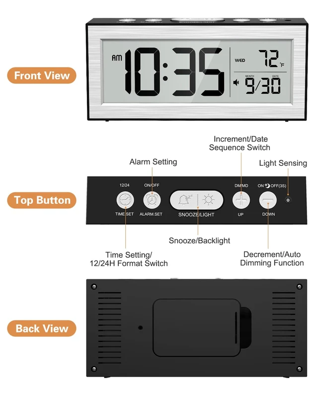 Alt view image 7 of 7 - Bomivoi Battery Powered Digital Clock, LCD Desk Clock with Date & Temp Display, 5 Alarm Modes, Snooze, 12/24 H, Auto Dimming On-Demand 5s Backlight, Small Alarm Clocks for Bedroom Office Travel Silver
