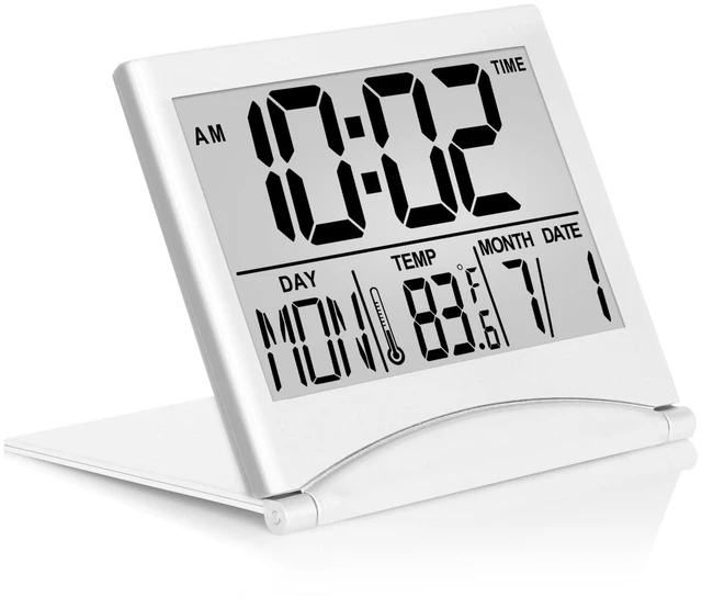 Main image of Betus Digital Travel Alarm Clock - Foldable Calendar Temperature Timer LCD Clock with Snooze Mode - Large Number Display, Battery Operated - Compact Desk Clock(Silver, No Backlight)