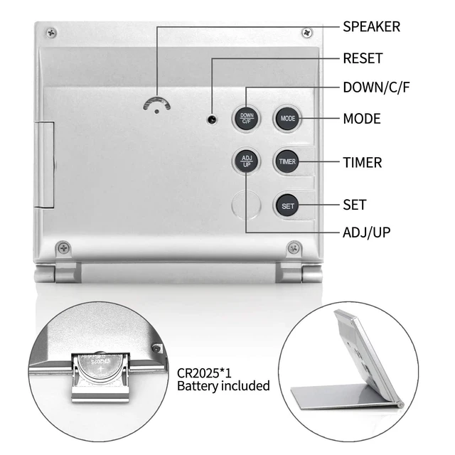 Alt view image 2 of 6 - Betus Digital Travel Alarm Clock - Foldable Calendar Temperature Timer LCD Clock with Snooze Mode - Large Number Display, Battery Operated - Compact Desk Clock(Silver, No Backlight)