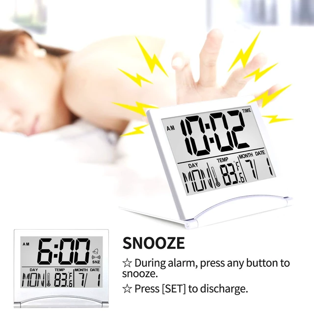 Alt view image 3 of 6 - Betus Digital Travel Alarm Clock - Foldable Calendar Temperature Timer LCD Clock with Snooze Mode - Large Number Display, Battery Operated - Compact Desk Clock(Silver, No Backlight)