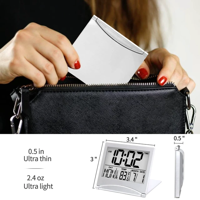 Alt view image 5 of 6 - Betus Digital Travel Alarm Clock - Foldable Calendar Temperature Timer LCD Clock with Snooze Mode - Large Number Display, Battery Operated - Compact Desk Clock(Silver, No Backlight)