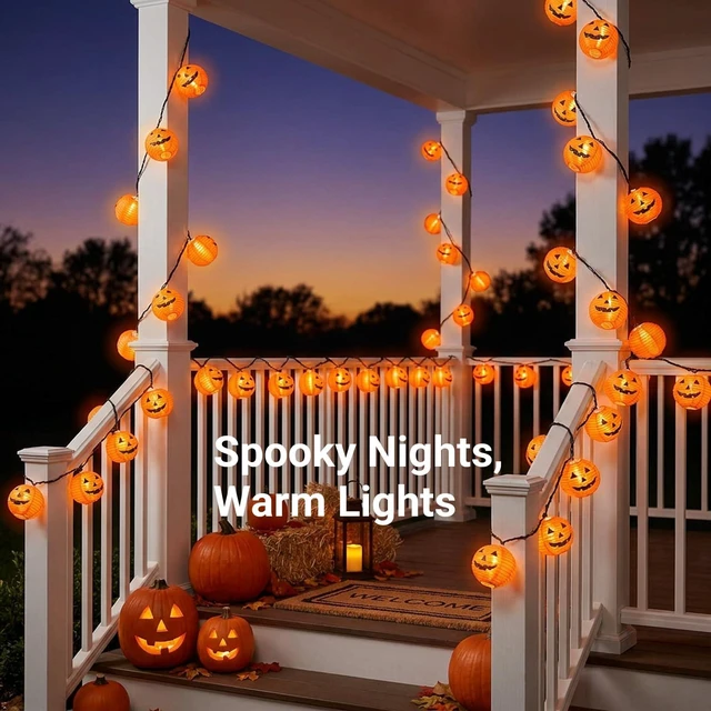 Alt view image 2 of 7 - TIGOMOOV Halloween Pumpkin String Lights, Jack O Lantern Lights Plug in, 10 Orange Pumpkin Lanterns 9.83FT Connectable, Indoor Outdoor Fall Halloween Decorations for Porch Mantel Yard