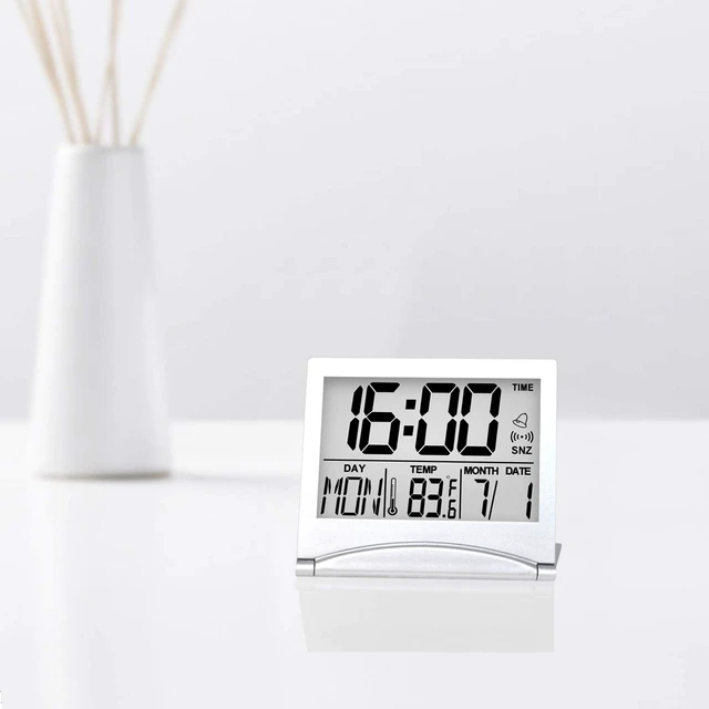 Alt view image 6 of 6 - Betus Digital Travel Alarm Clock - Foldable Calendar Temperature Timer LCD Clock with Snooze Mode - Large Number Display, Battery Operated - Compact Desk Clock(Silver, No Backlight)
