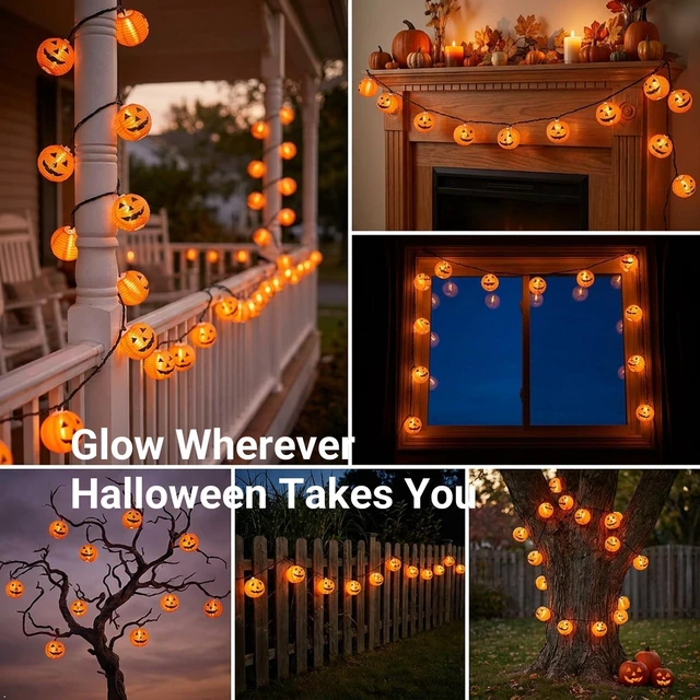 Alt view image 3 of 7 - TIGOMOOV Halloween Pumpkin String Lights, Jack O Lantern Lights Plug in, 10 Orange Pumpkin Lanterns 9.83FT Connectable, Indoor Outdoor Fall Halloween Decorations for Porch Mantel Yard
