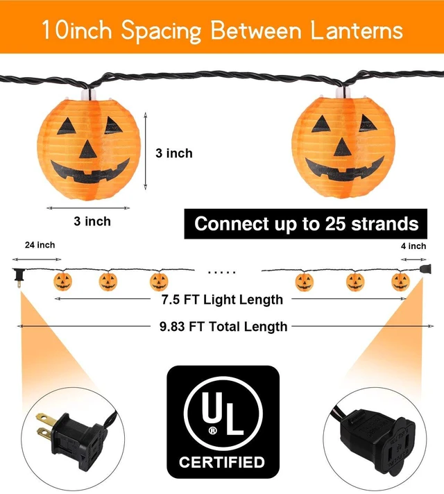 Alt view image 6 of 7 - TIGOMOOV Halloween Pumpkin String Lights, Jack O Lantern Lights Plug in, 10 Orange Pumpkin Lanterns 9.83FT Connectable, Indoor Outdoor Fall Halloween Decorations for Porch Mantel Yard