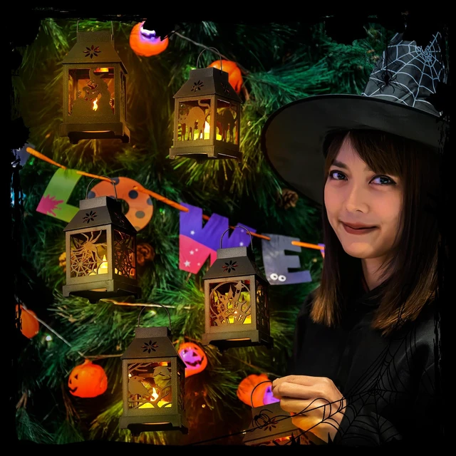Alt view image 6 of 6 - Tujoe 6 Pcs Halloween Mini Lantern with LED Candle, 4.5" Hanging Decoration