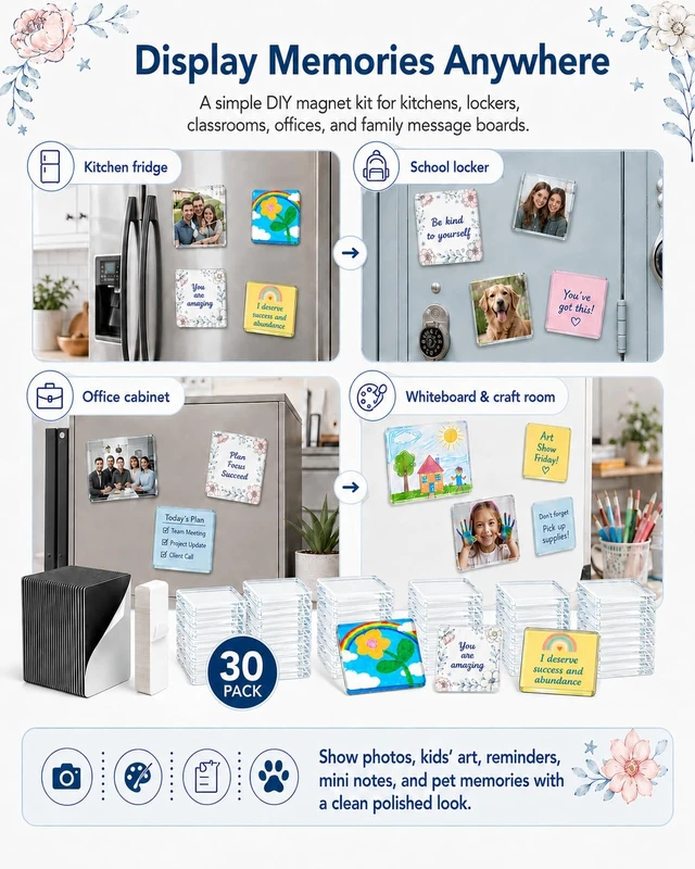 Alt view image 3 of 7 - Clear Acrylic Magnet Kit DIY Custom Magnets Photo Square Set 30Pcs