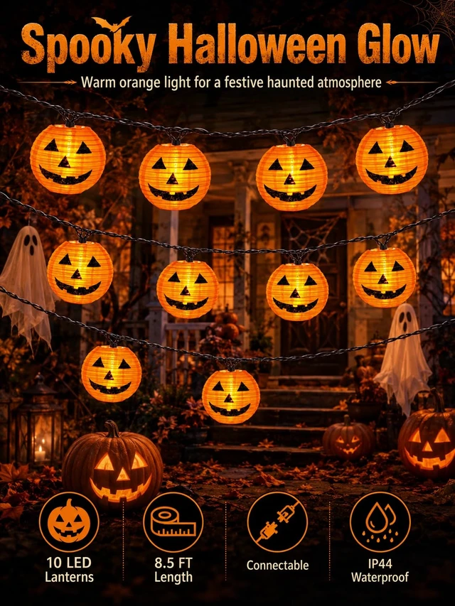 Alt view image 2 of 7 - Abeja Halloween Pumpkin Lantern String Lights, 8.5Ft Jack O Lanterns Pumpkin String Lights with10 Orange Pumpkin Lanterns, Outdoor Holiday Lantern Lights for Halloween Party Patio Indoor Outdoor