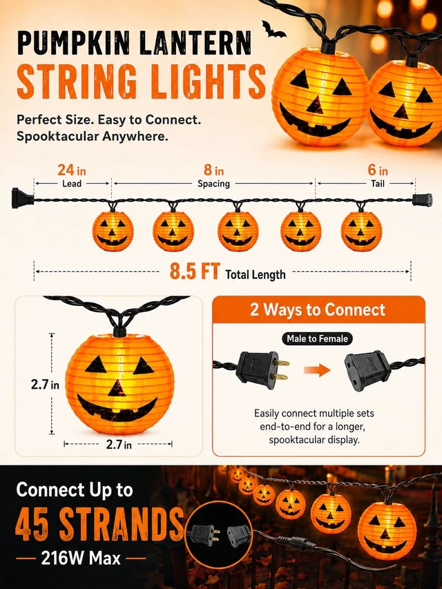 Alt view image 3 of 7 - Abeja Halloween Pumpkin Lantern String Lights, 8.5Ft Jack O Lanterns Pumpkin String Lights with10 Orange Pumpkin Lanterns, Outdoor Holiday Lantern Lights for Halloween Party Patio Indoor Outdoor