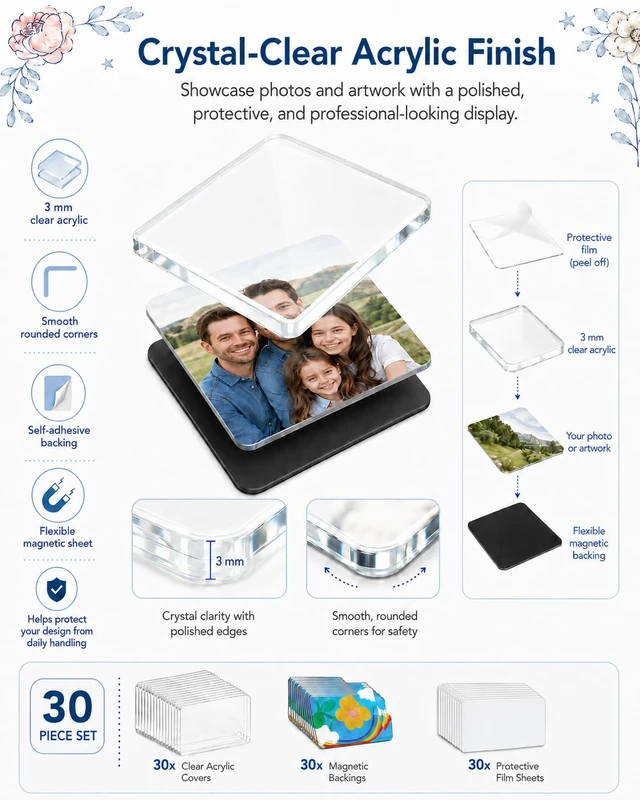 Alt view image 5 of 7 - Clear Acrylic Magnet Kit DIY Custom Magnets Photo Square Set 30Pcs