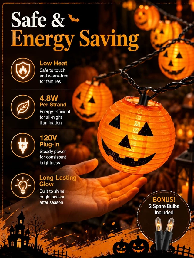Alt view image 5 of 7 - Abeja Halloween Pumpkin Lantern String Lights, 8.5Ft Jack O Lanterns Pumpkin String Lights with10 Orange Pumpkin Lanterns, Outdoor Holiday Lantern Lights for Halloween Party Patio Indoor Outdoor