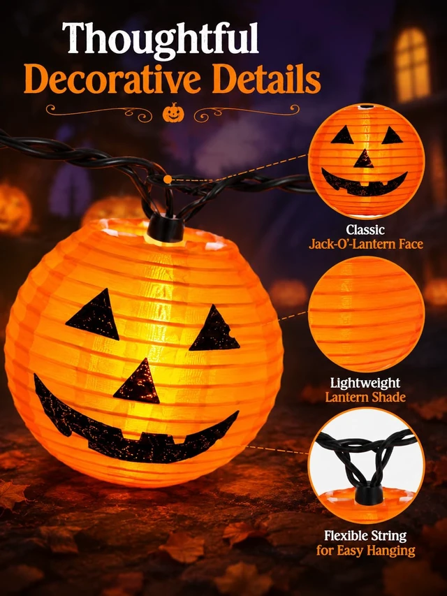 Alt view image 6 of 7 - Abeja Halloween Pumpkin Lantern String Lights, 8.5Ft Jack O Lanterns Pumpkin String Lights with10 Orange Pumpkin Lanterns, Outdoor Holiday Lantern Lights for Halloween Party Patio Indoor Outdoor