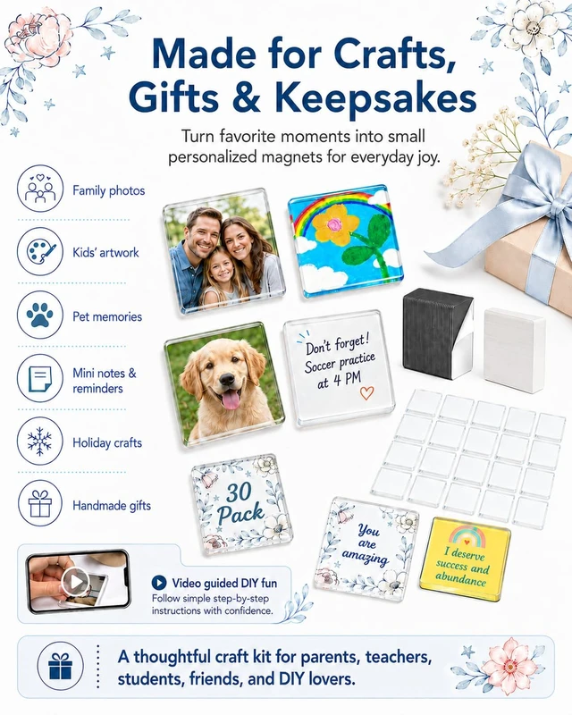 Alt view image 7 of 7 - Clear Acrylic Magnet Kit DIY Custom Magnets Photo Square Set 30Pcs