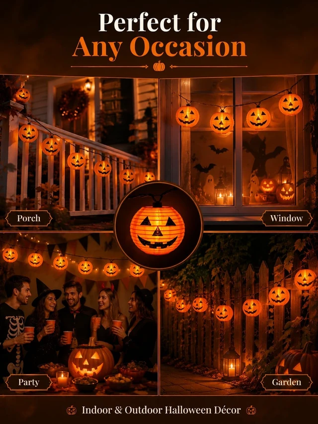 Alt view image 7 of 7 - Abeja Halloween Pumpkin Lantern String Lights, 8.5Ft Jack O Lanterns Pumpkin String Lights with10 Orange Pumpkin Lanterns, Outdoor Holiday Lantern Lights for Halloween Party Patio Indoor Outdoor