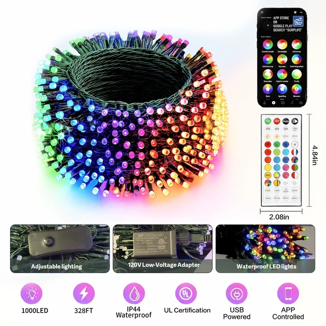 Alt view image 2 of 6 - Smart Christmas String Lights, 328FT 1000 LED RGB Color Changing Lights with App & 44-Key Remote Control, Music Sync, Timer, Indoor Outdoor Xmas Tree Halloween Holiday Party