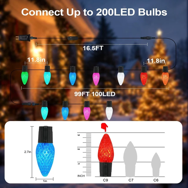 Alt view image 2 of 7 - Gemce Smart C9 Christmas Outdoor Lights , 99FT 100 Leds, APP Remote Controlled RGB String Lights , DIY Chasing Xmas Lights, Color Changing with Timer & Music Sync for Holiday Xmas Tree Decoration